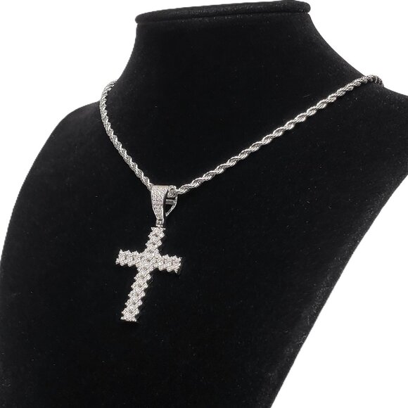 20" Womens 2ct Diamond 14K White Gold Rope Chain Cross Necklace Silver Jewelry - Picture 4 of 8